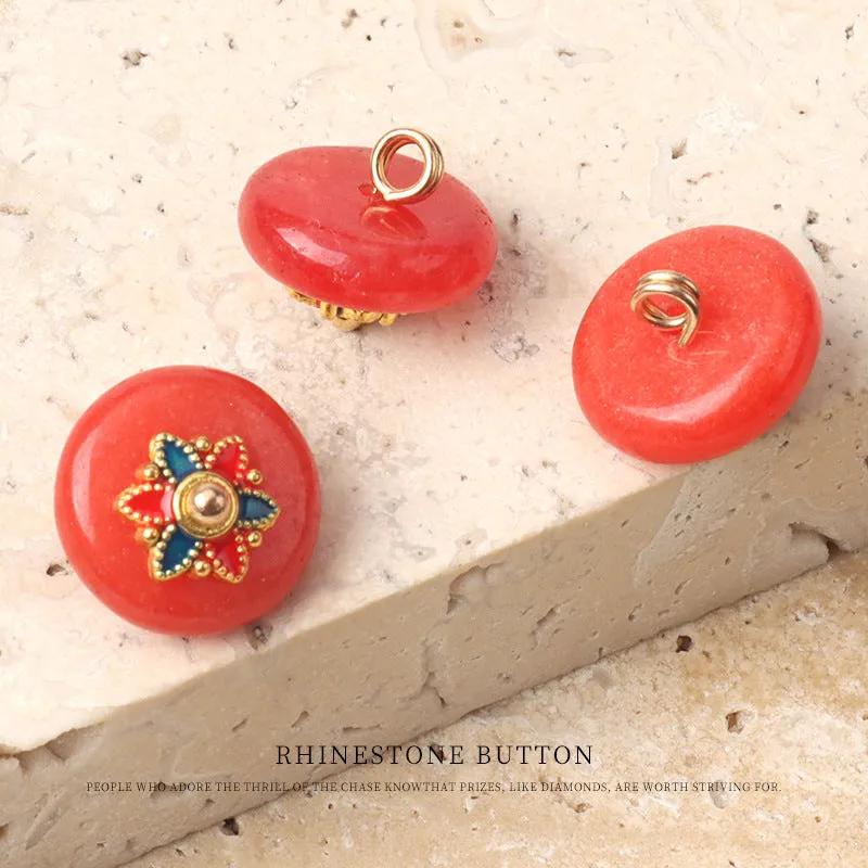 12mm Orange Red Jade Buttons with Golden Flower Shanks for Chinese Shirts 12pcs
