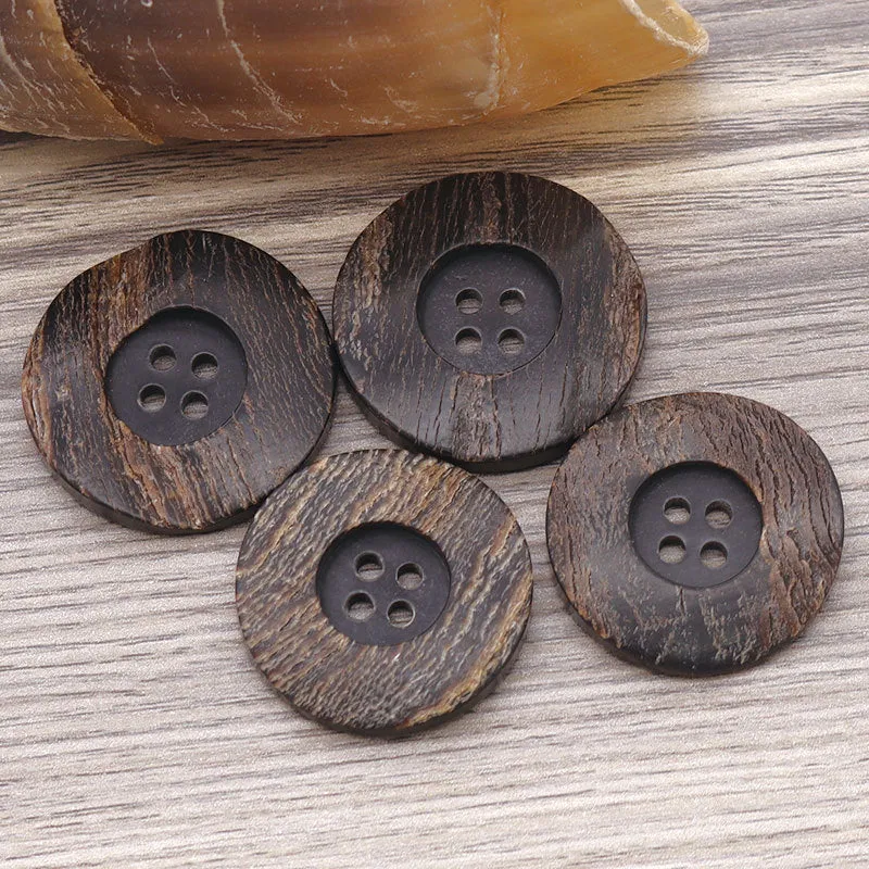 15-30mm Wide Edge Round 4 Hole Black Horn Buttons with Leather for Coats and Trench Coats