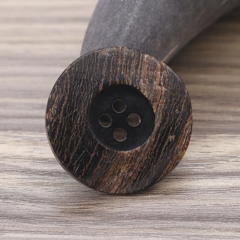 15-30mm Wide Edge Round 4 Hole Black Horn Buttons with Leather for Coats and Trench Coats
