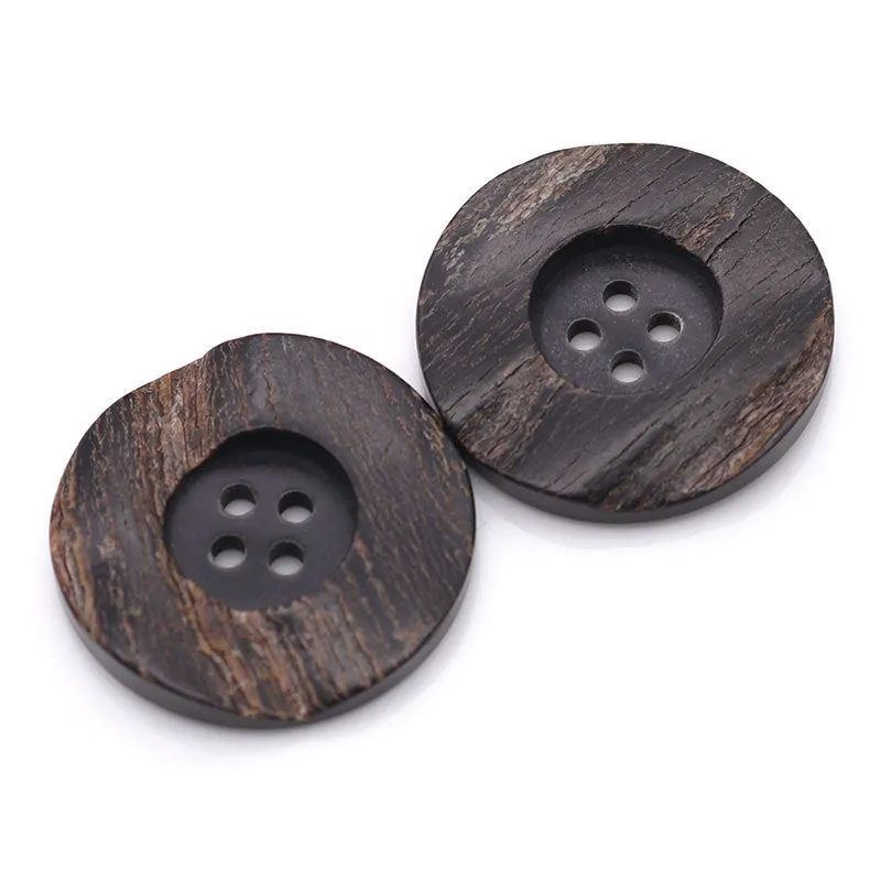 15-30mm Wide Edge Round 4 Hole Black Horn Buttons with Leather for Coats and Trench Coats
