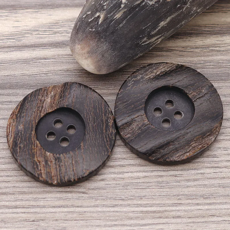 15-30mm Wide Edge Round 4 Hole Black Horn Buttons with Leather for Coats and Trench Coats