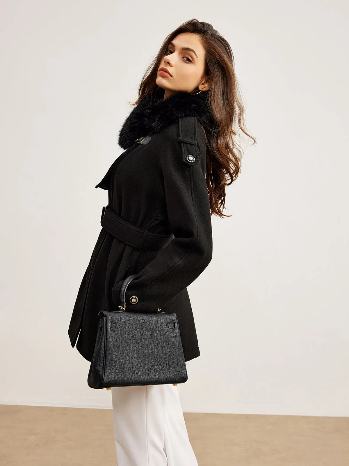 Adjustable Fur-Collar Belted Trench Coat