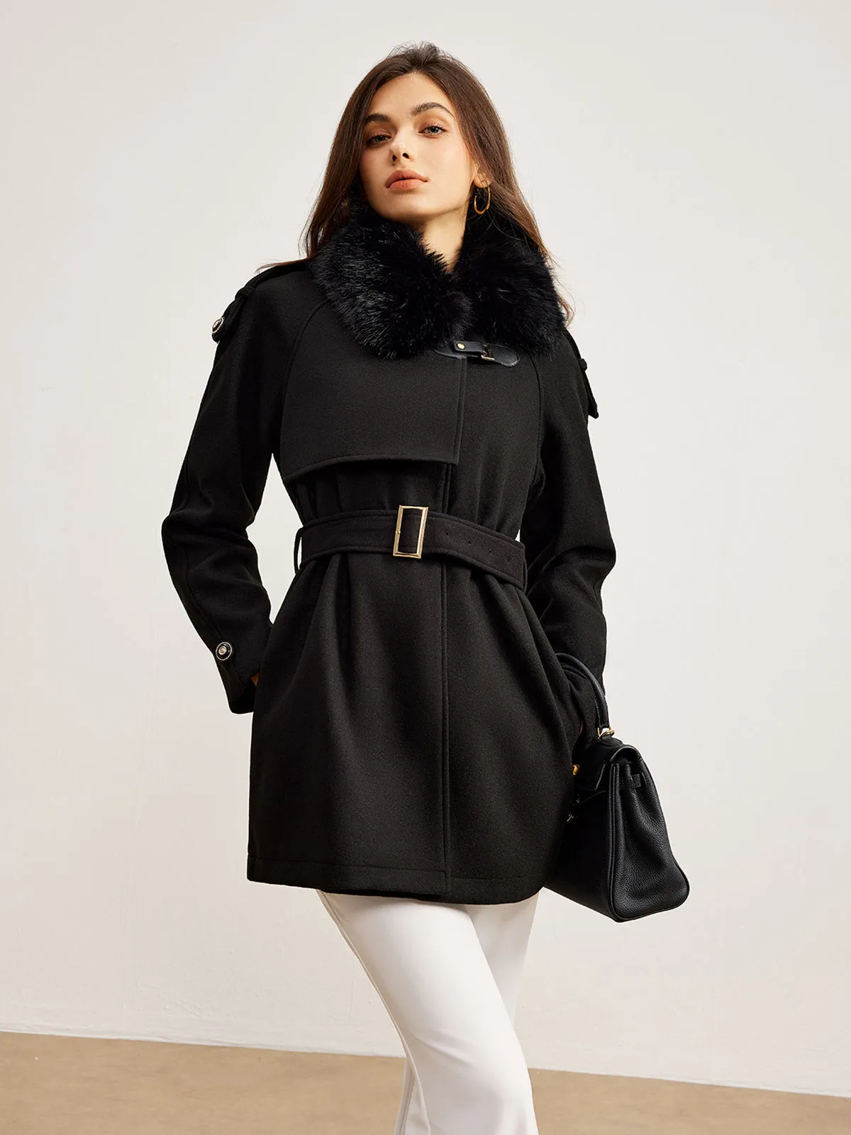 Adjustable Fur-Collar Belted Trench Coat