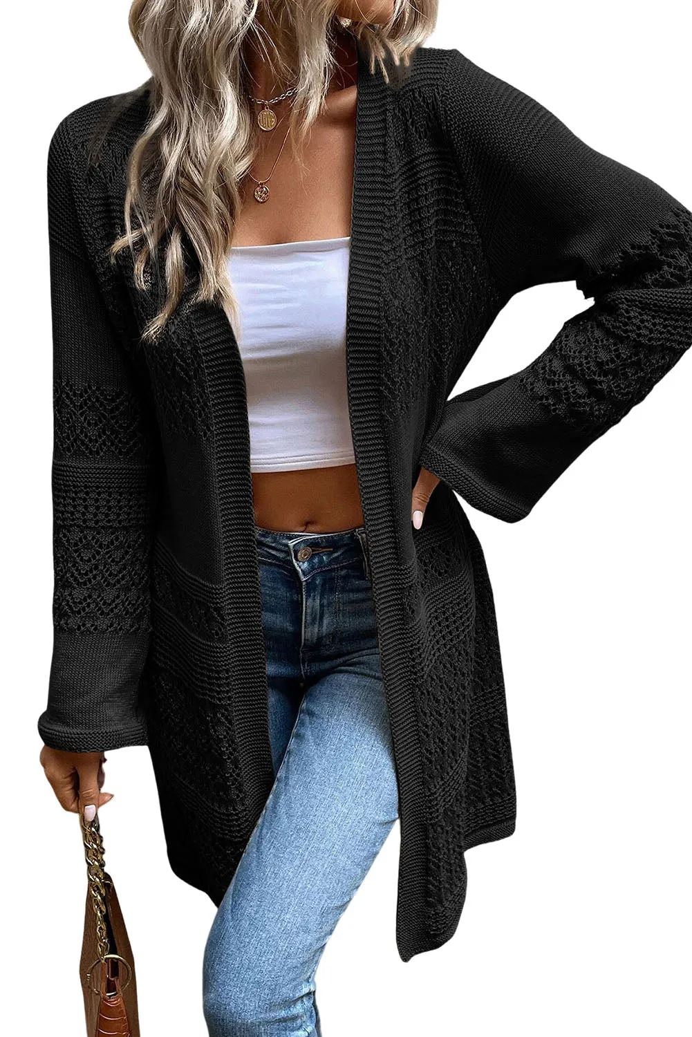 Black Pointelle Knit Open Front Cardigan