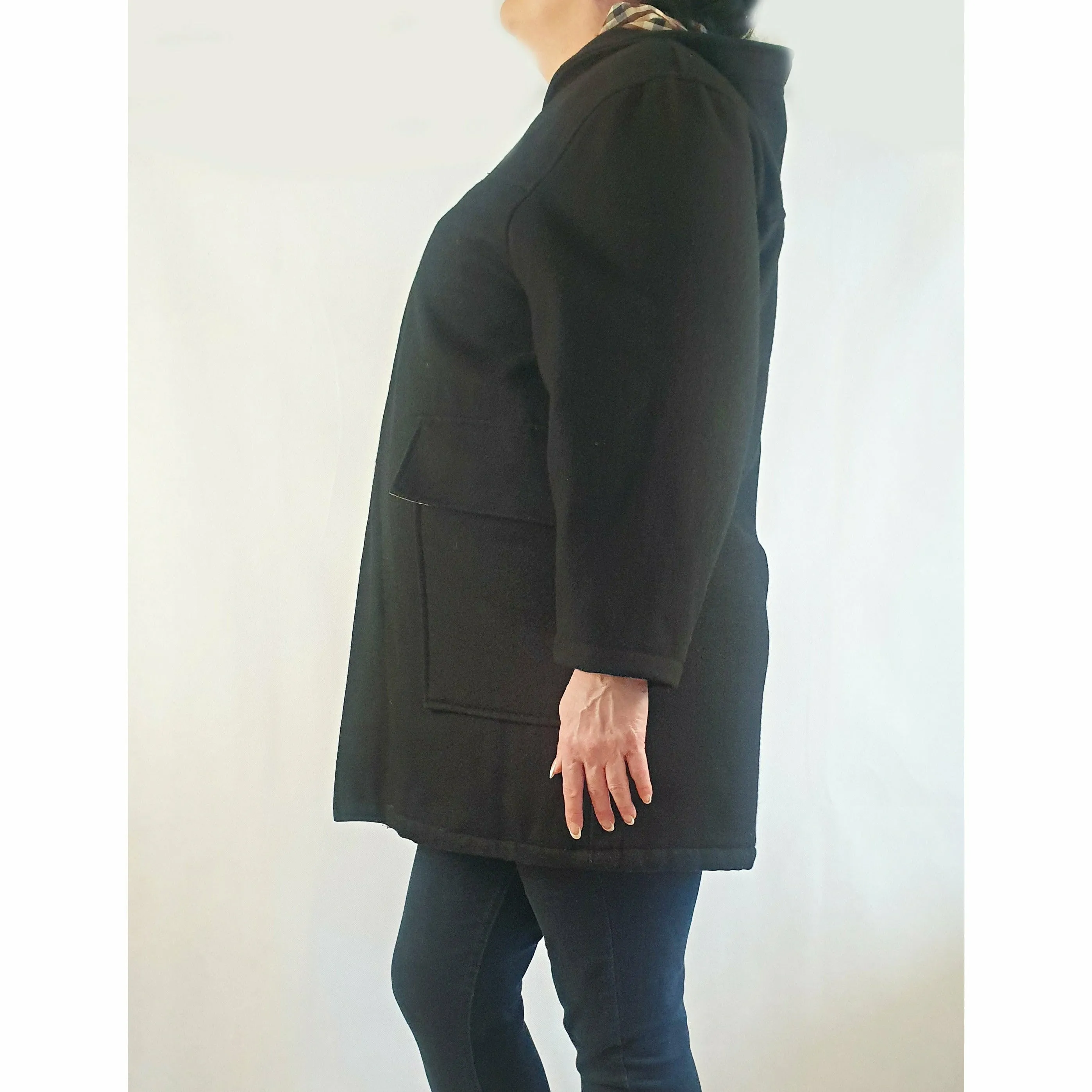 Black wool or wool mix feel coat with hood, front pockets and gingham lining - fits size 16