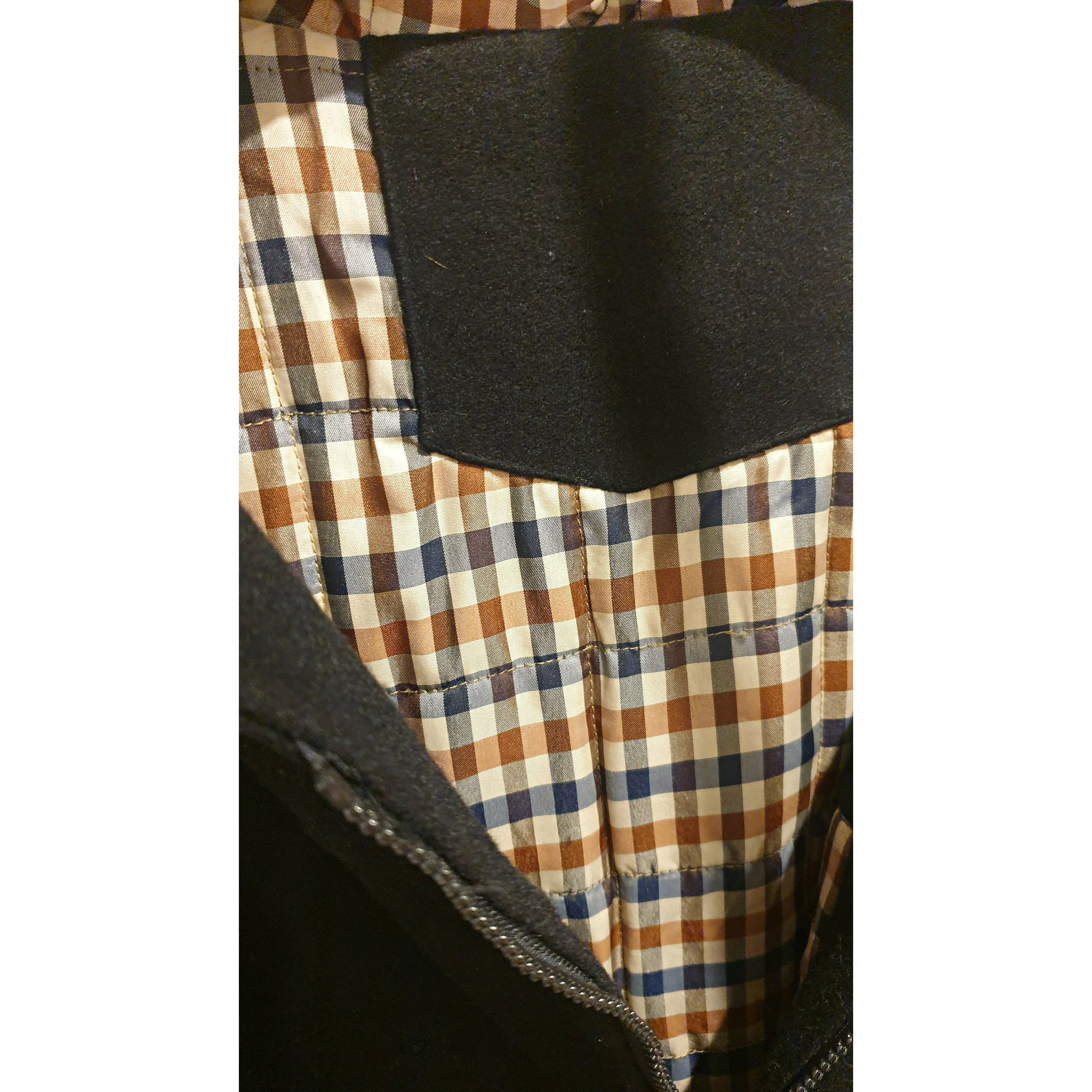 Black wool or wool mix feel coat with hood, front pockets and gingham lining - fits size 16
