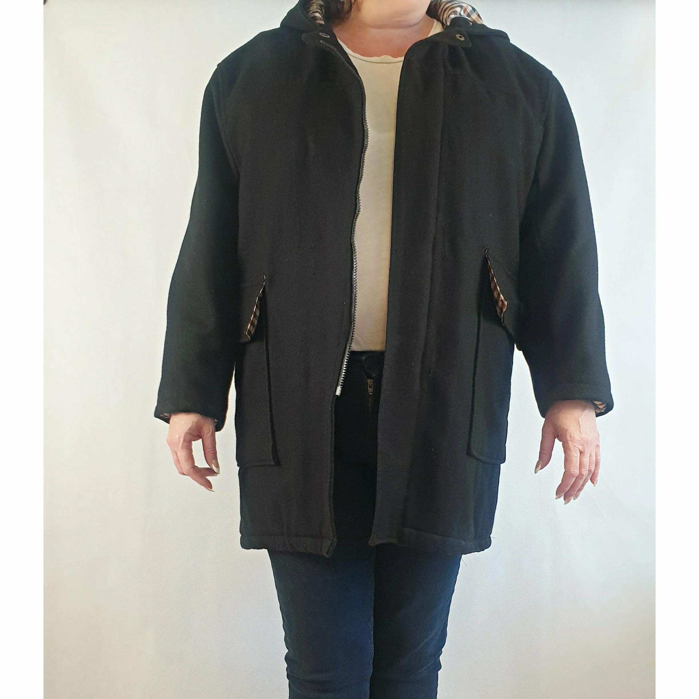Black wool or wool mix feel coat with hood, front pockets and gingham lining - fits size 16
