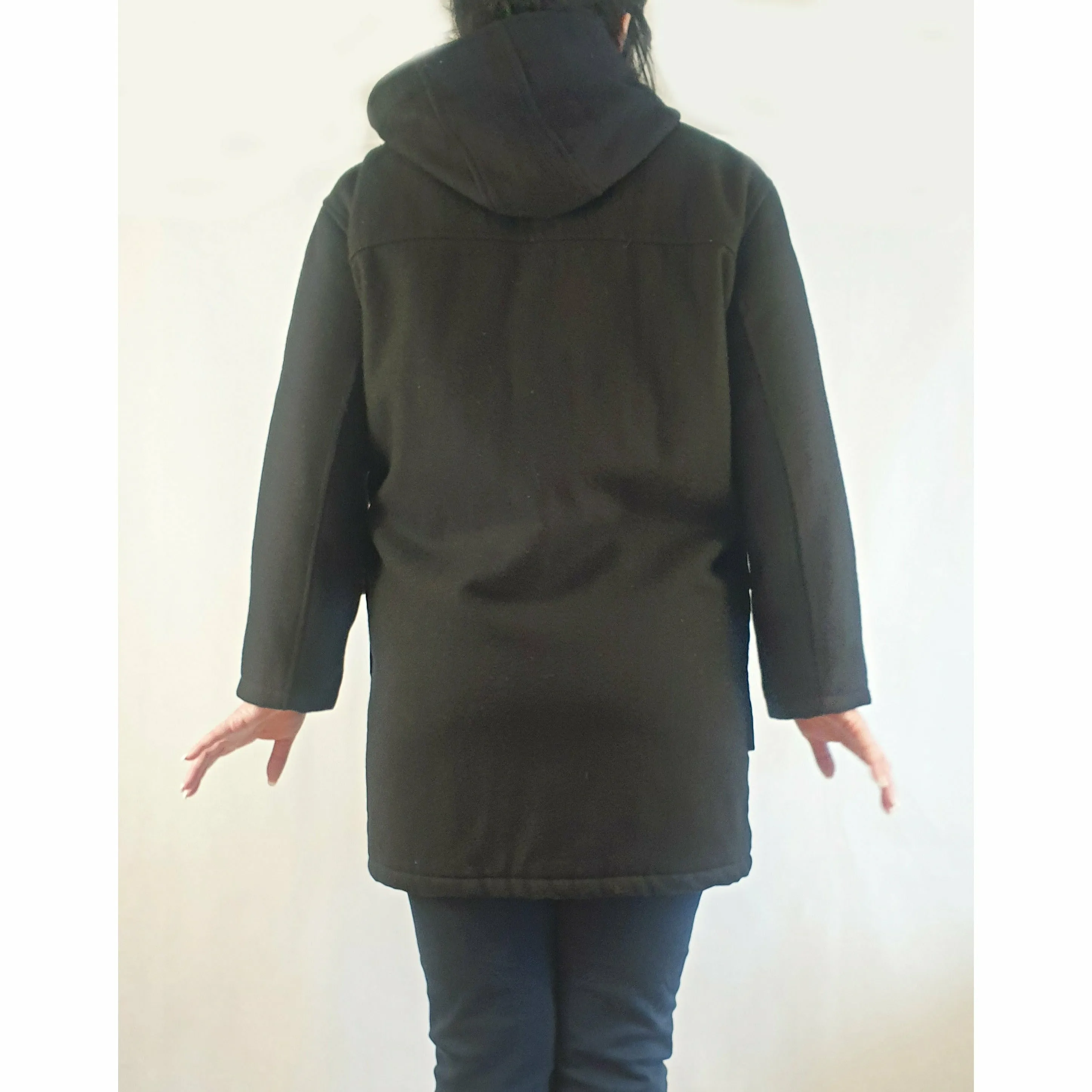 Black wool or wool mix feel coat with hood, front pockets and gingham lining - fits size 16