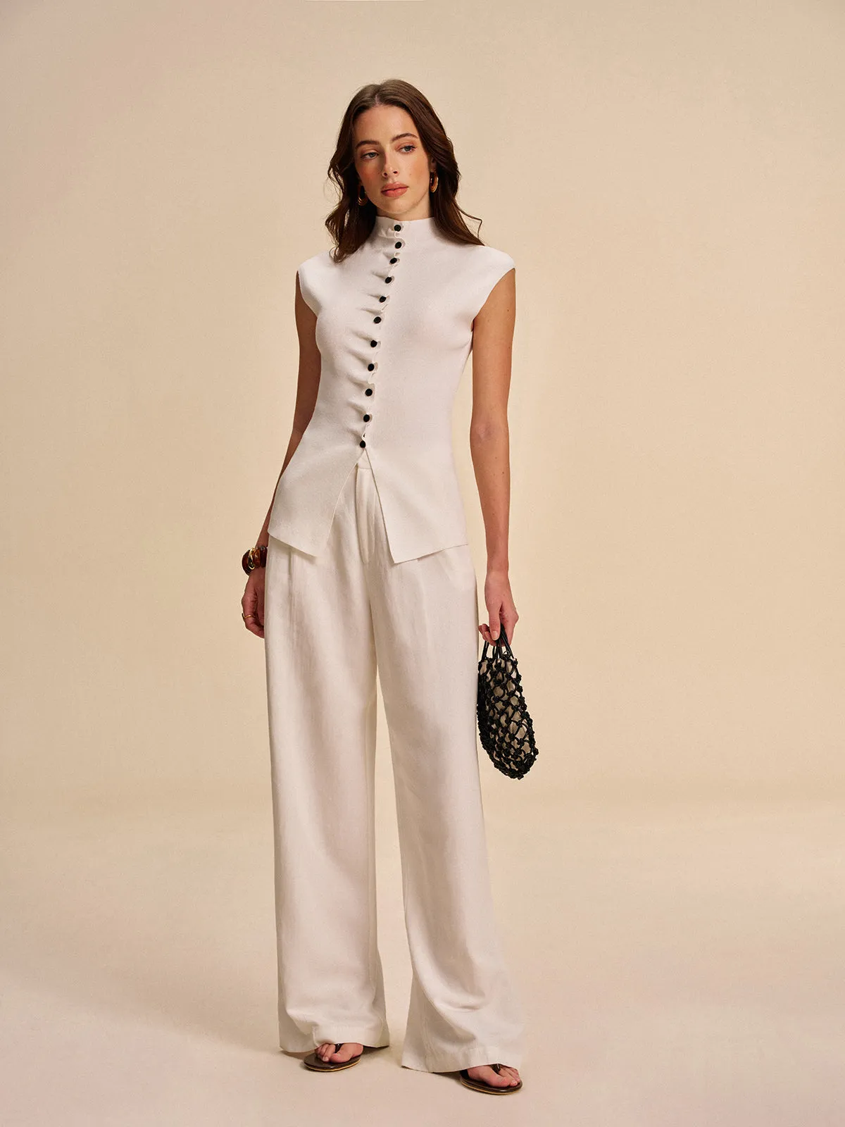 Button-Front Sleeveless Cardigan