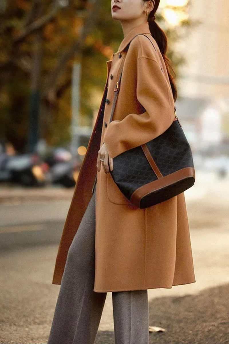 Chouyatou Women's Winter Wool Coat Single Breasted Business Casual Midi Long Winter Trench Coat