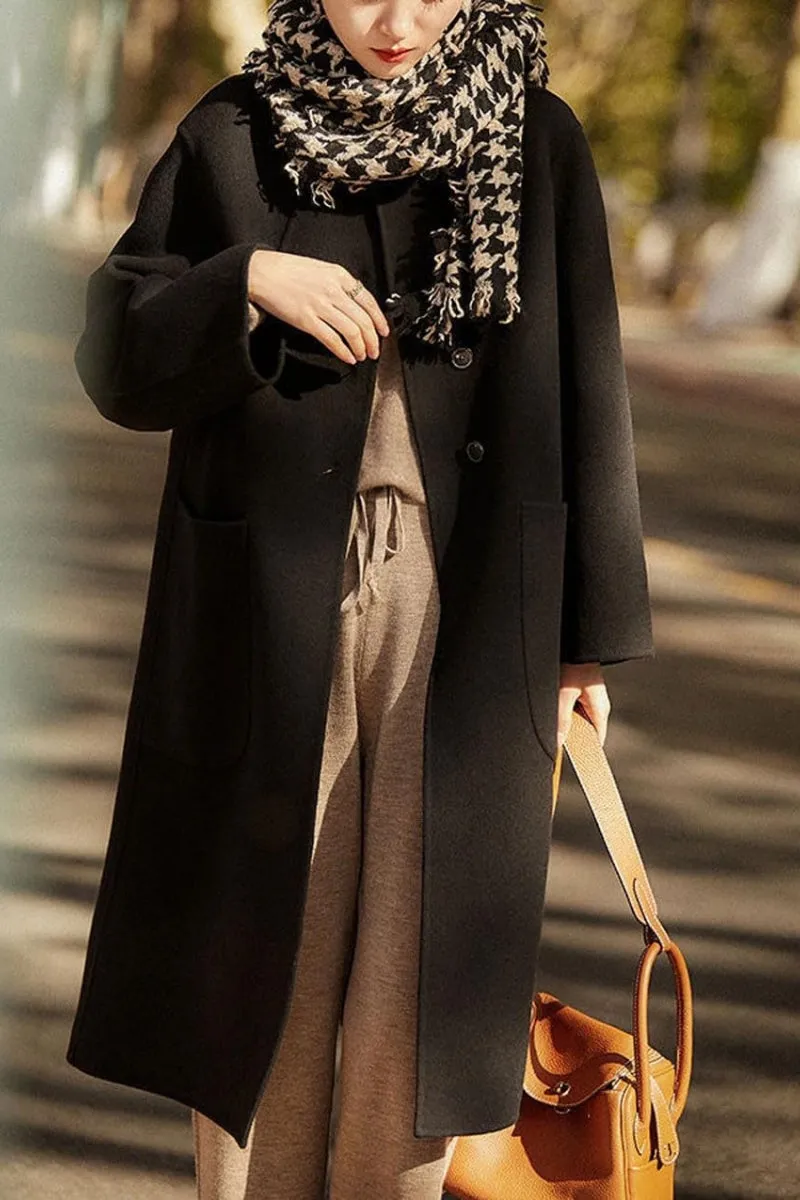Chouyatou Women's Winter Wool Coat Single Breasted Business Casual Midi Long Winter Trench Coat