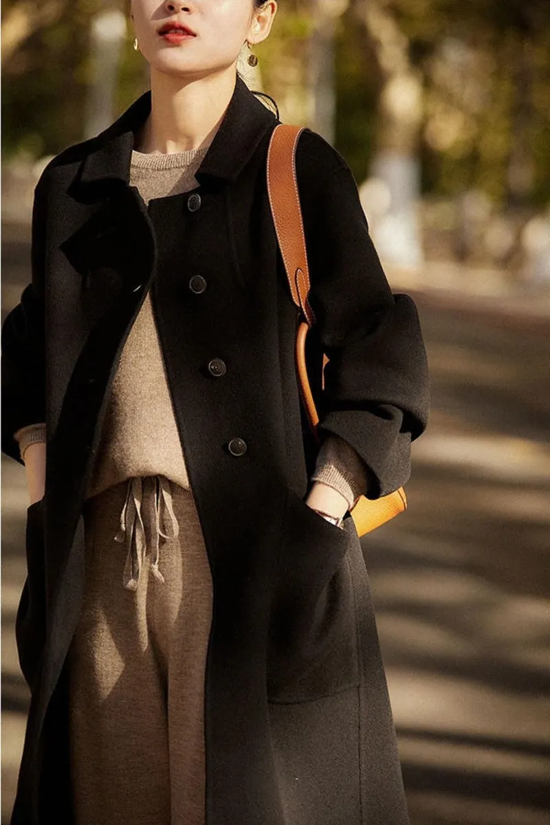 Chouyatou Women's Winter Wool Coat Single Breasted Business Casual Midi Long Winter Trench Coat