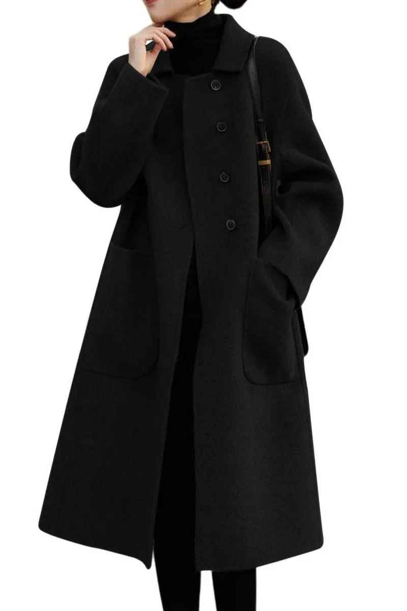 Chouyatou Women's Winter Wool Coat Single Breasted Business Casual Midi Long Winter Trench Coat