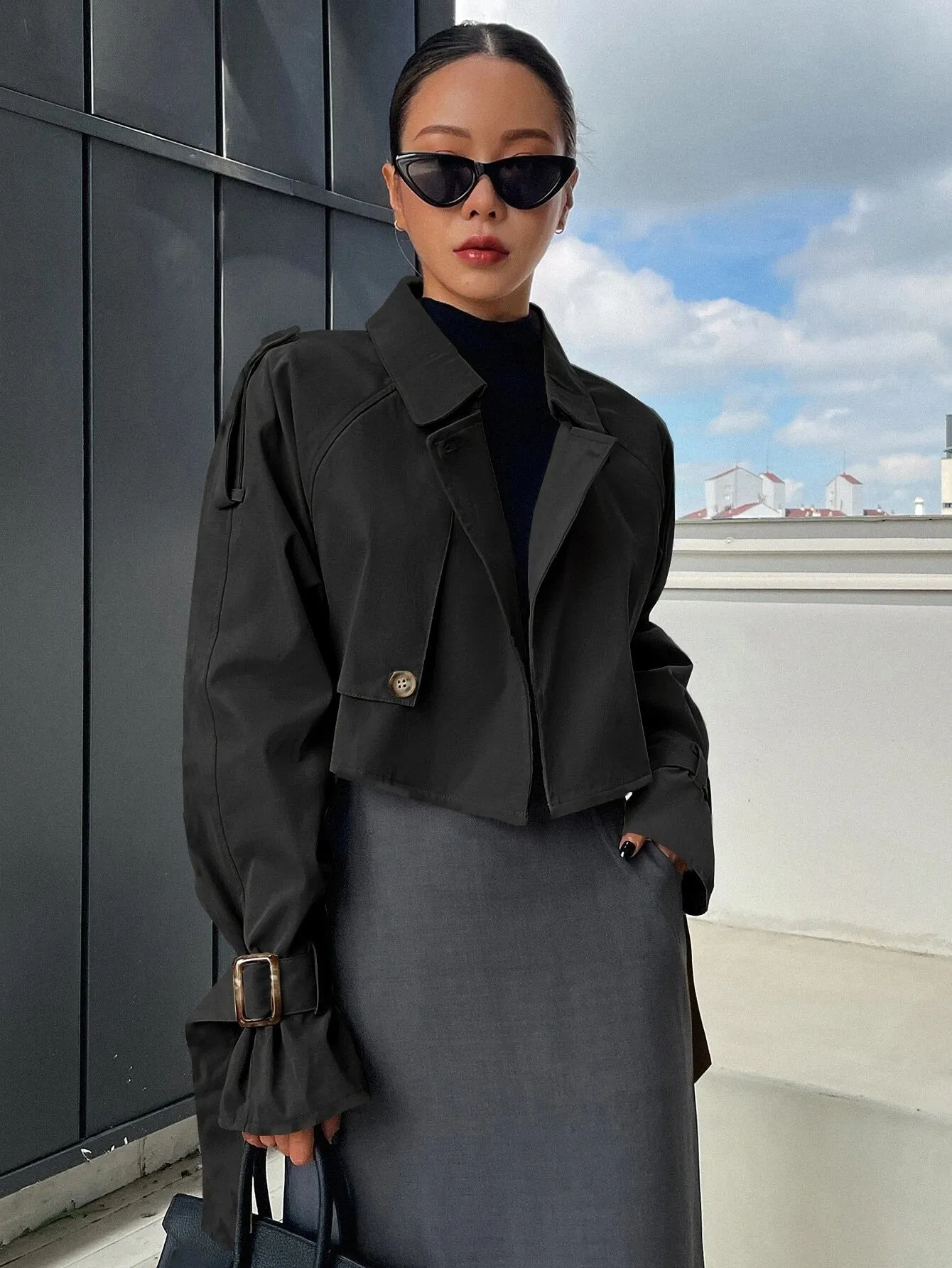 CM-CS731613 Women Elegant Seoul Style Buckle Raglan Sleeve Crop Trench Coat - Black