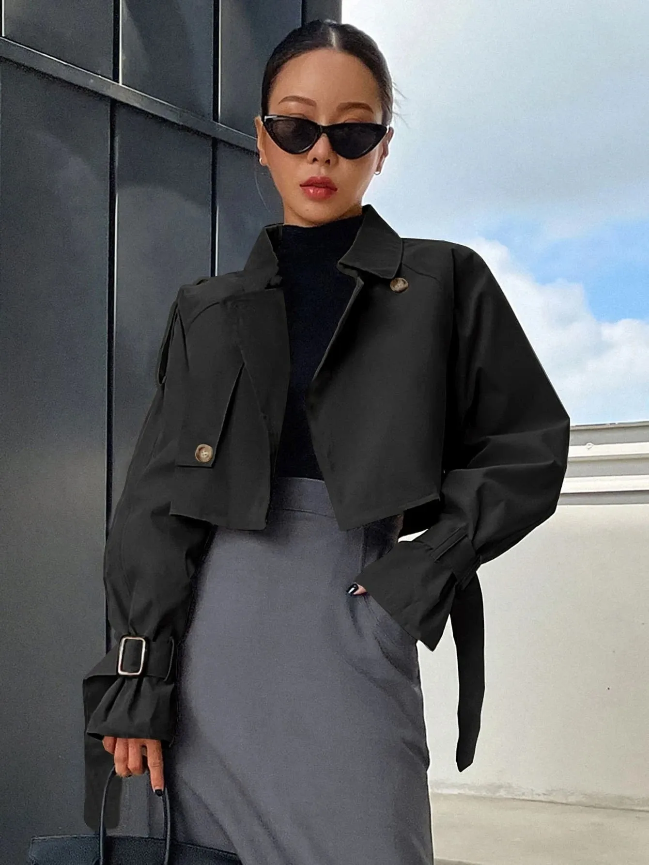 CM-CS731613 Women Elegant Seoul Style Buckle Raglan Sleeve Crop Trench Coat - Black