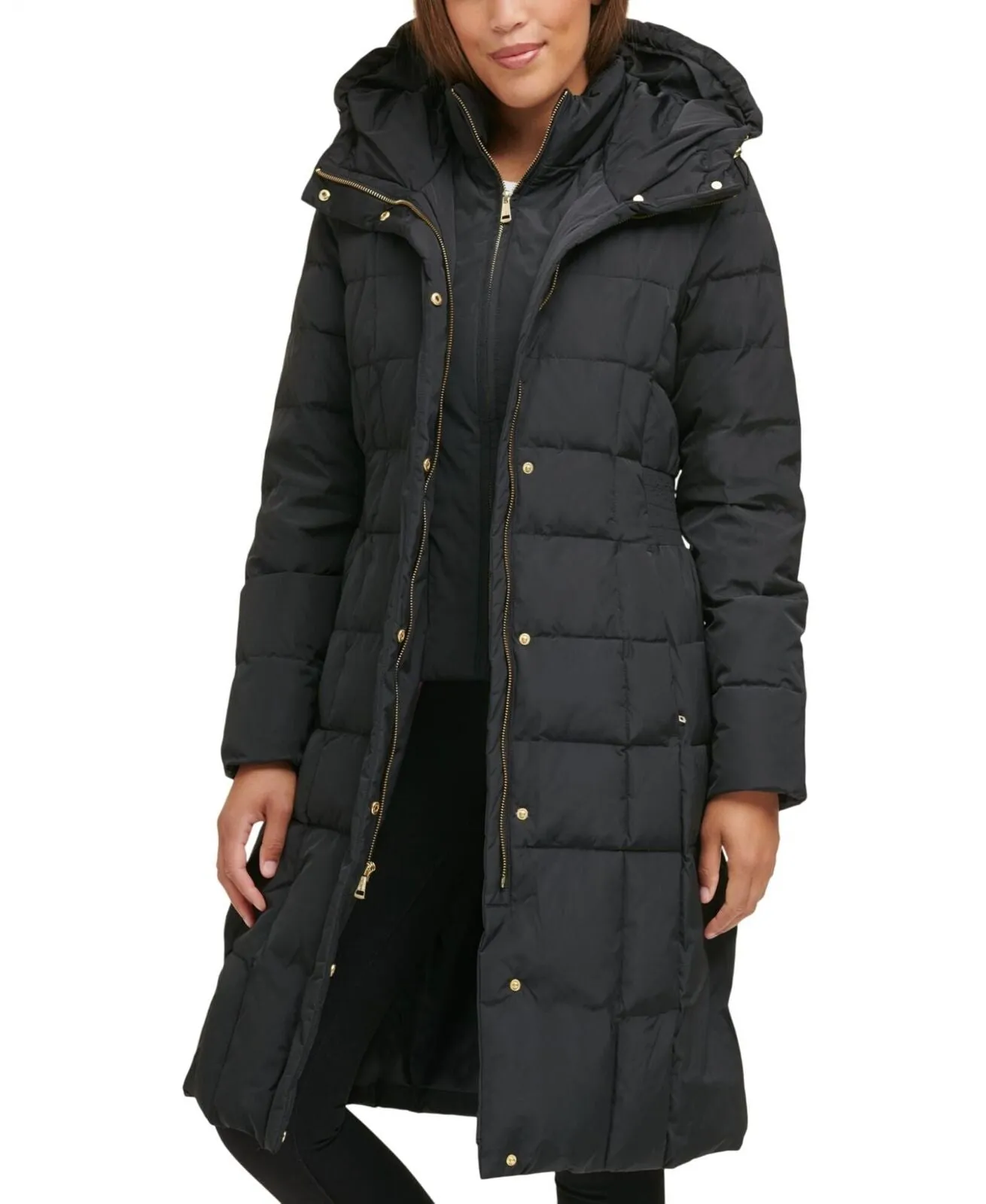 Cole Haan Womens Dramatic Hood Down Alternative Outerwear Coat Deep Black S