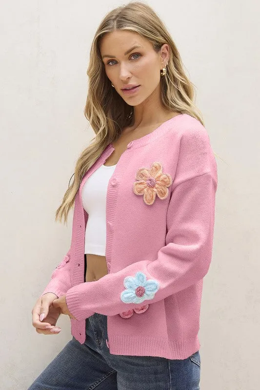 Cute Flower Pattern Button-Up Cardigan - Pink