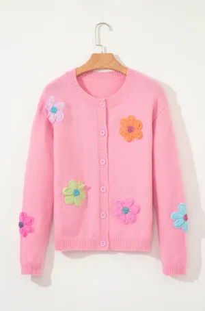 Cute Flower Pattern Button-Up Cardigan - Pink