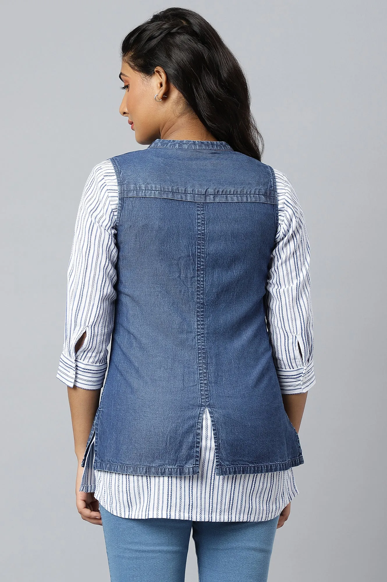 Denim Blue Thread Embroidered Sleeveless Jacket