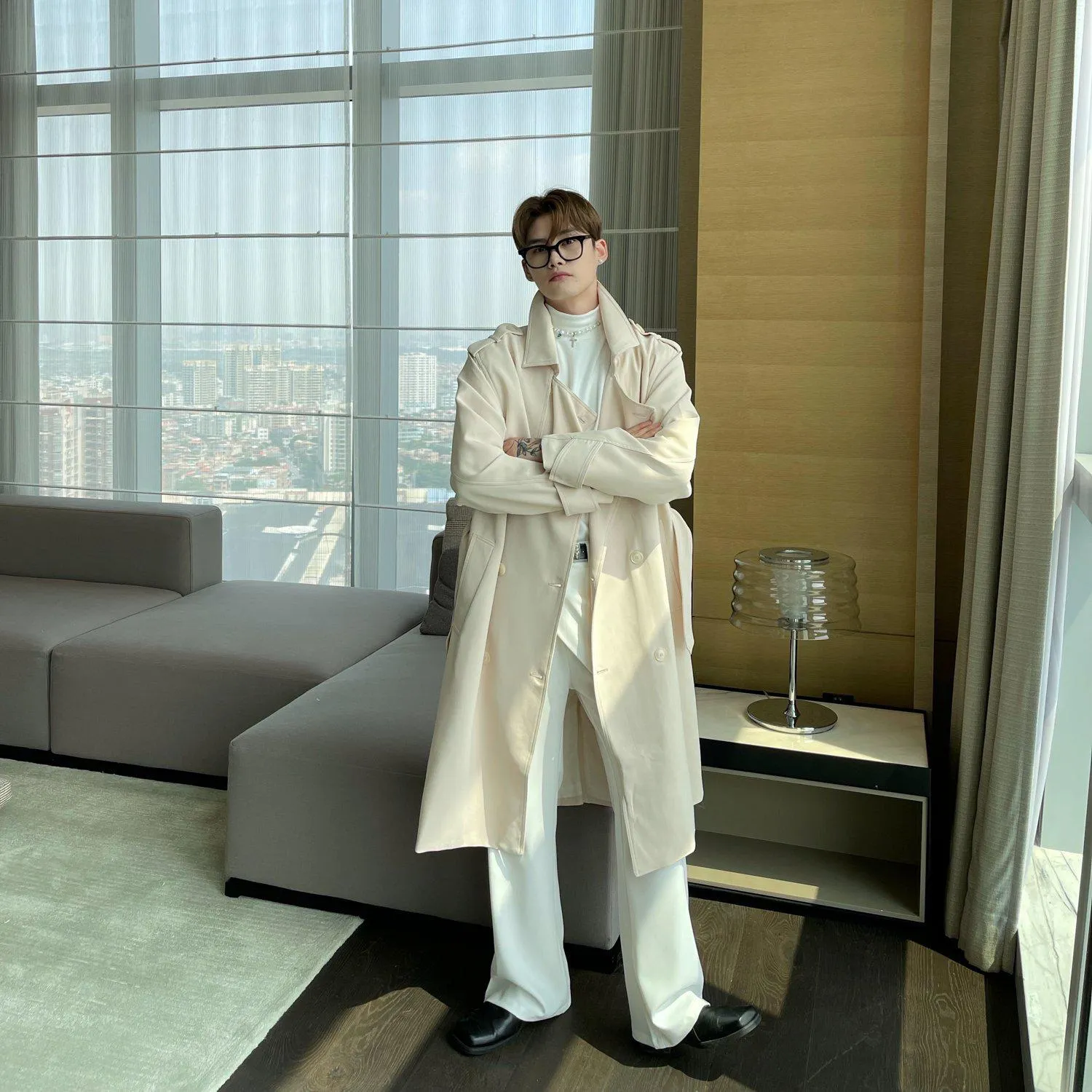 Double-Breasted Belted Long Trench Coat