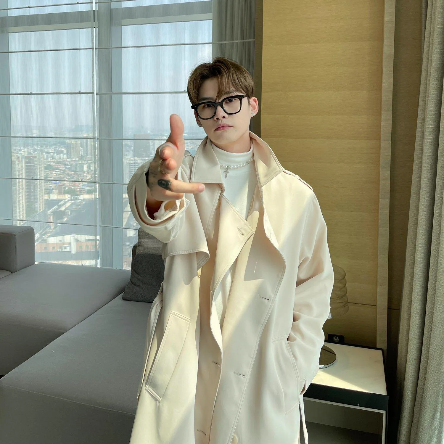 Double-Breasted Belted Long Trench Coat