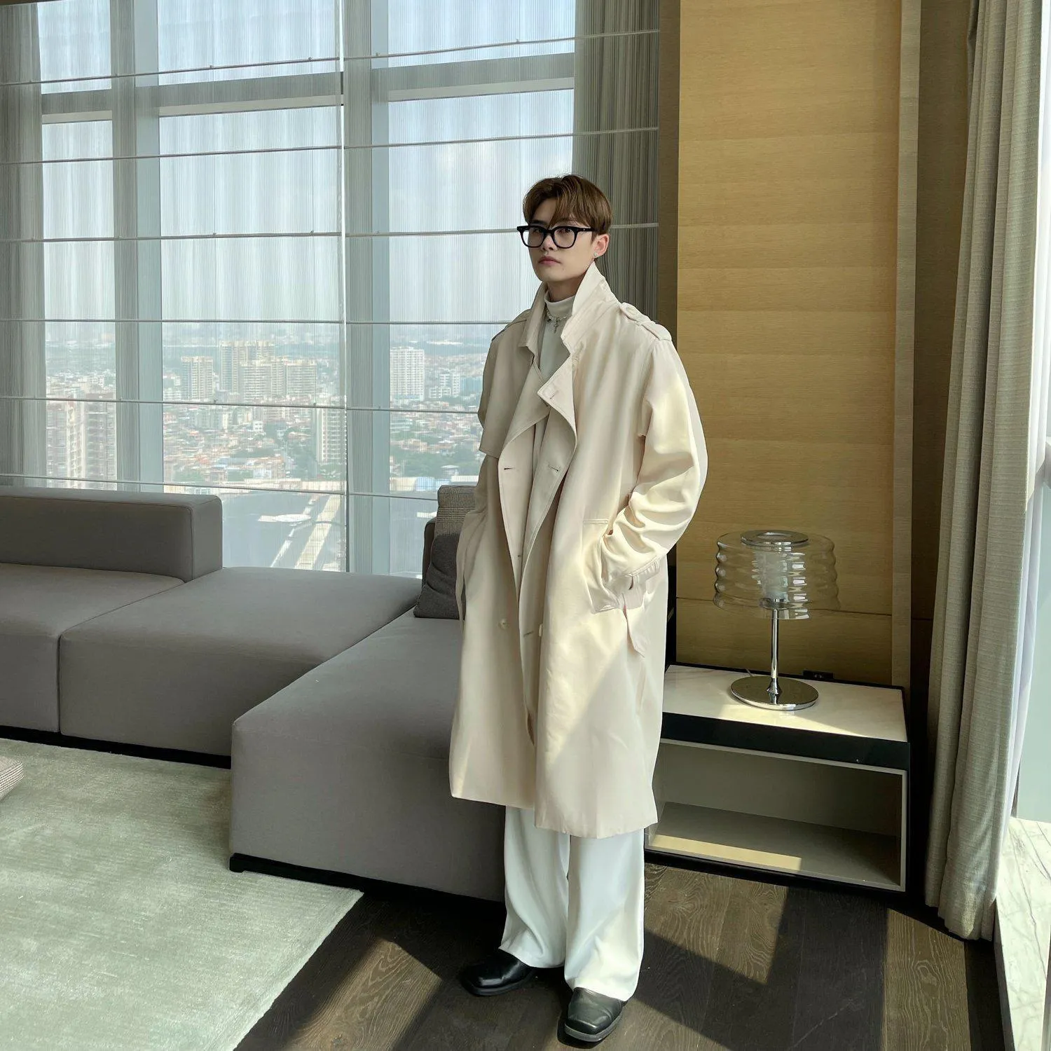Double-Breasted Belted Long Trench Coat