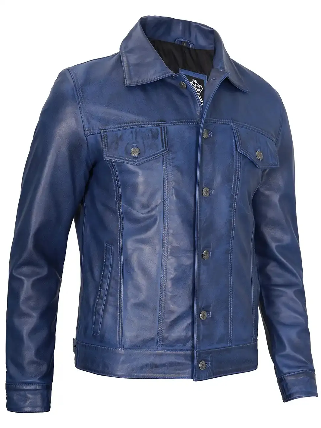 Fernando Men's Blue Leather Trucker Jacket
