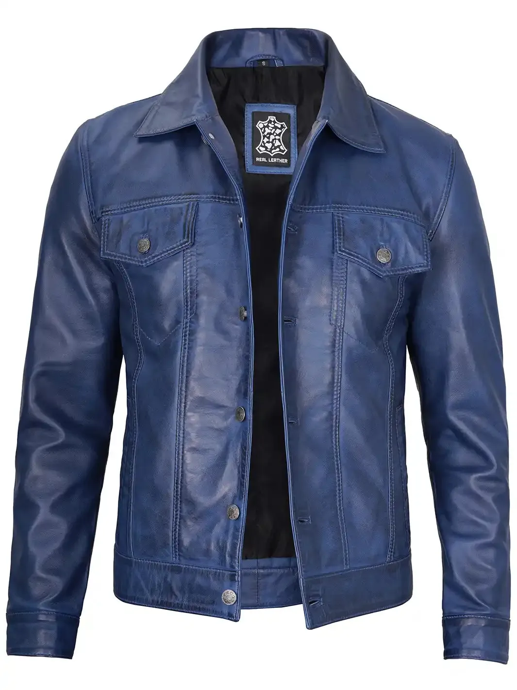 Fernando Men's Blue Leather Trucker Jacket