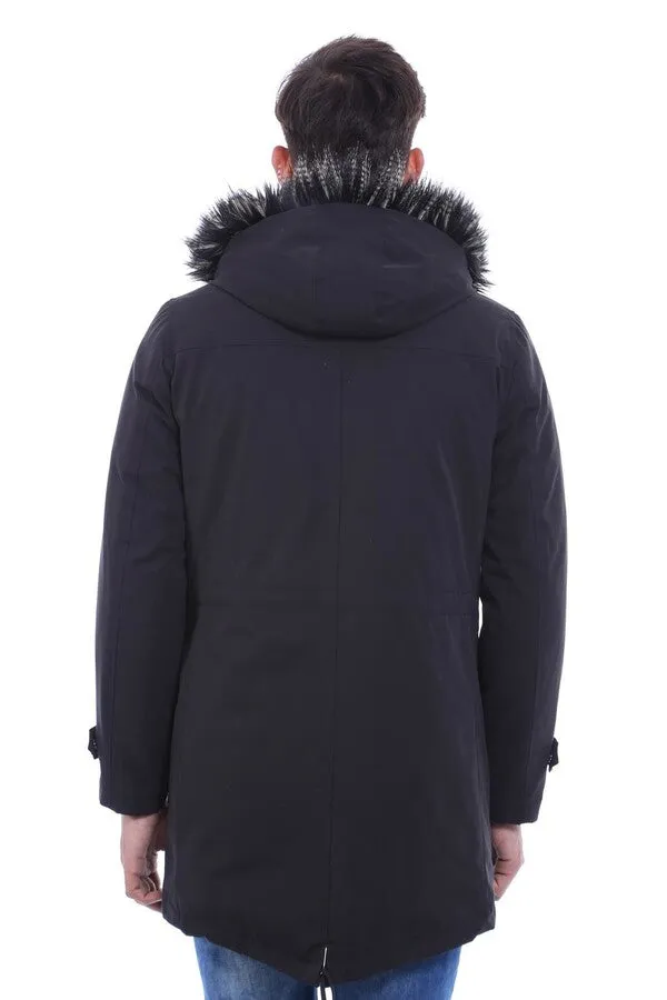 Fur Hooded Black Men Coat - Wessi
