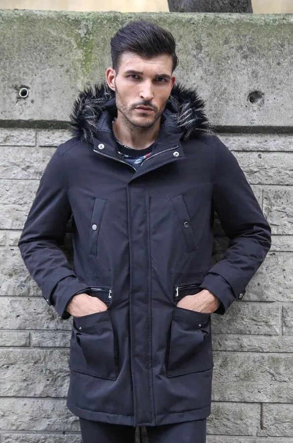 Fur Hooded Black Men Coat - Wessi