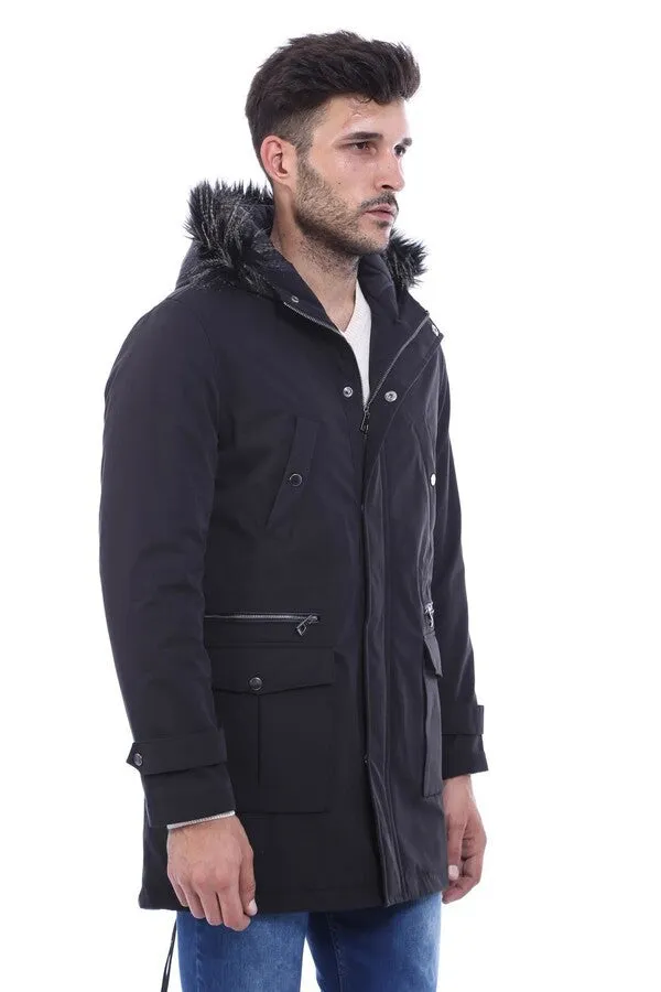 Fur Hooded Black Men Coat - Wessi