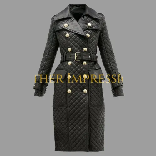 Genuine Leather Womens Quilted Trench Coat