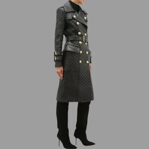 Genuine Leather Womens Quilted Trench Coat