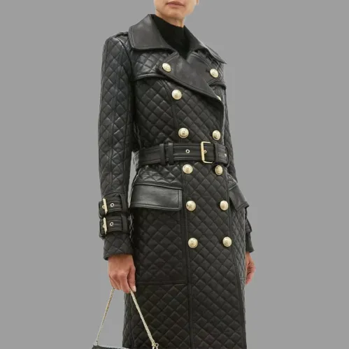 Genuine Leather Womens Quilted Trench Coat