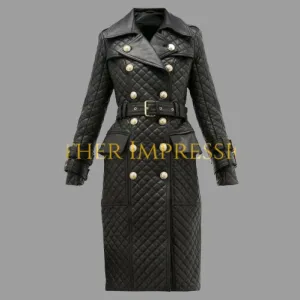 Genuine Leather Womens Quilted Trench Coat