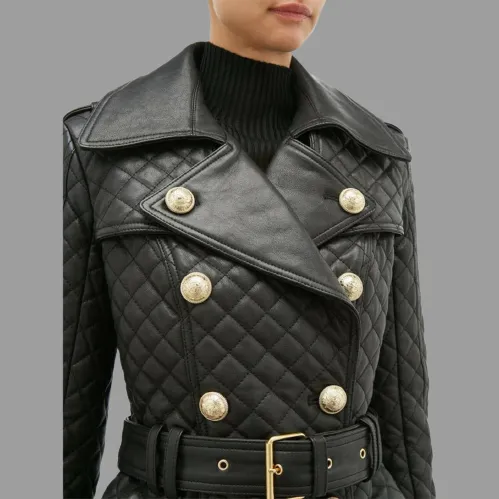 Genuine Leather Womens Quilted Trench Coat