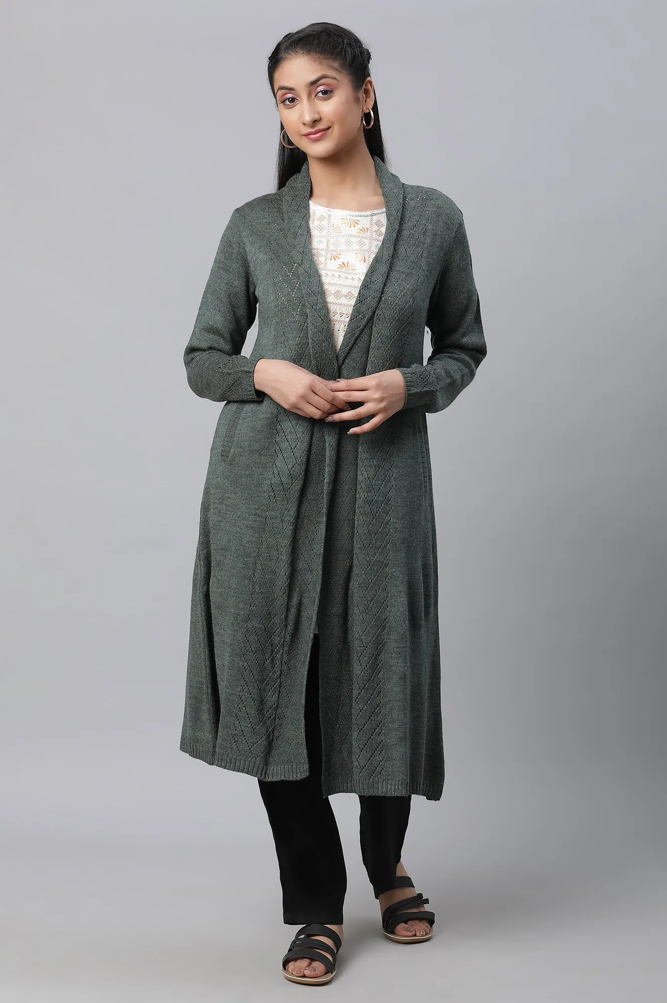 Green Shawl Collar Front Open Cardigan