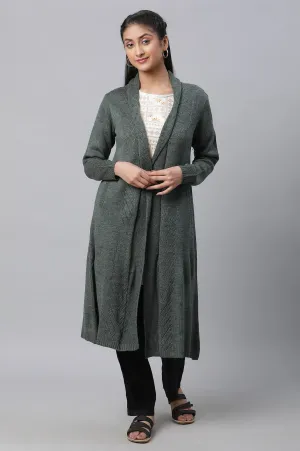 Green Shawl Collar Front Open Cardigan