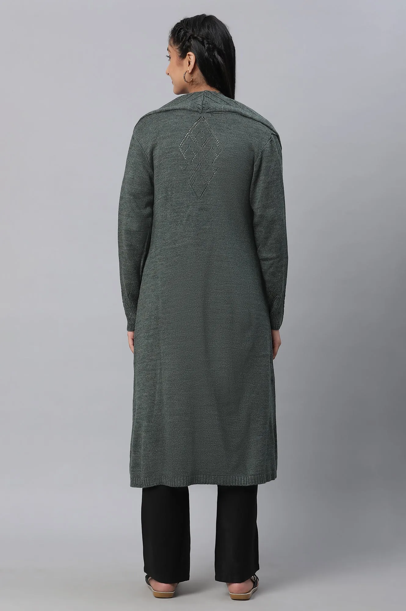 Green Shawl Collar Front Open Cardigan