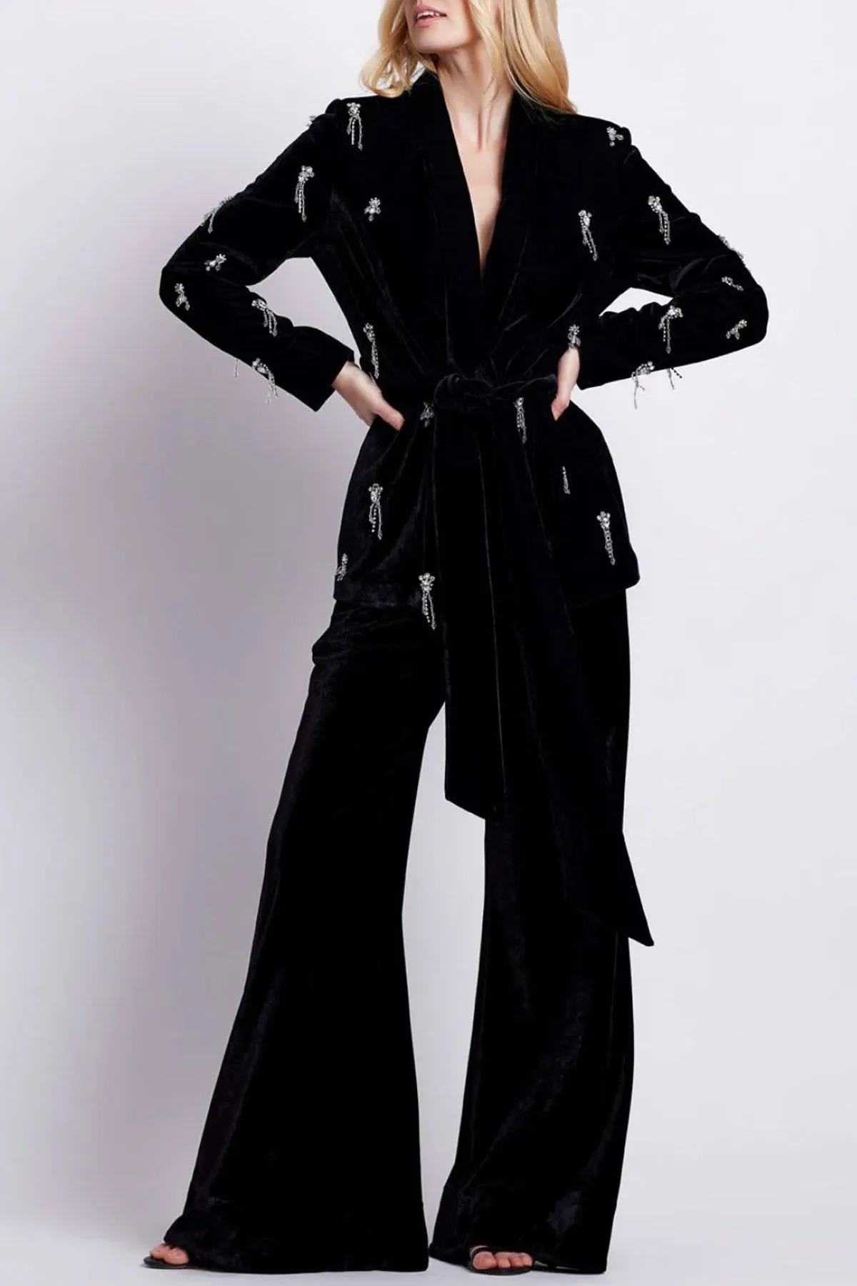 Hand-Beaded Velvet Kimono Jacket in Black