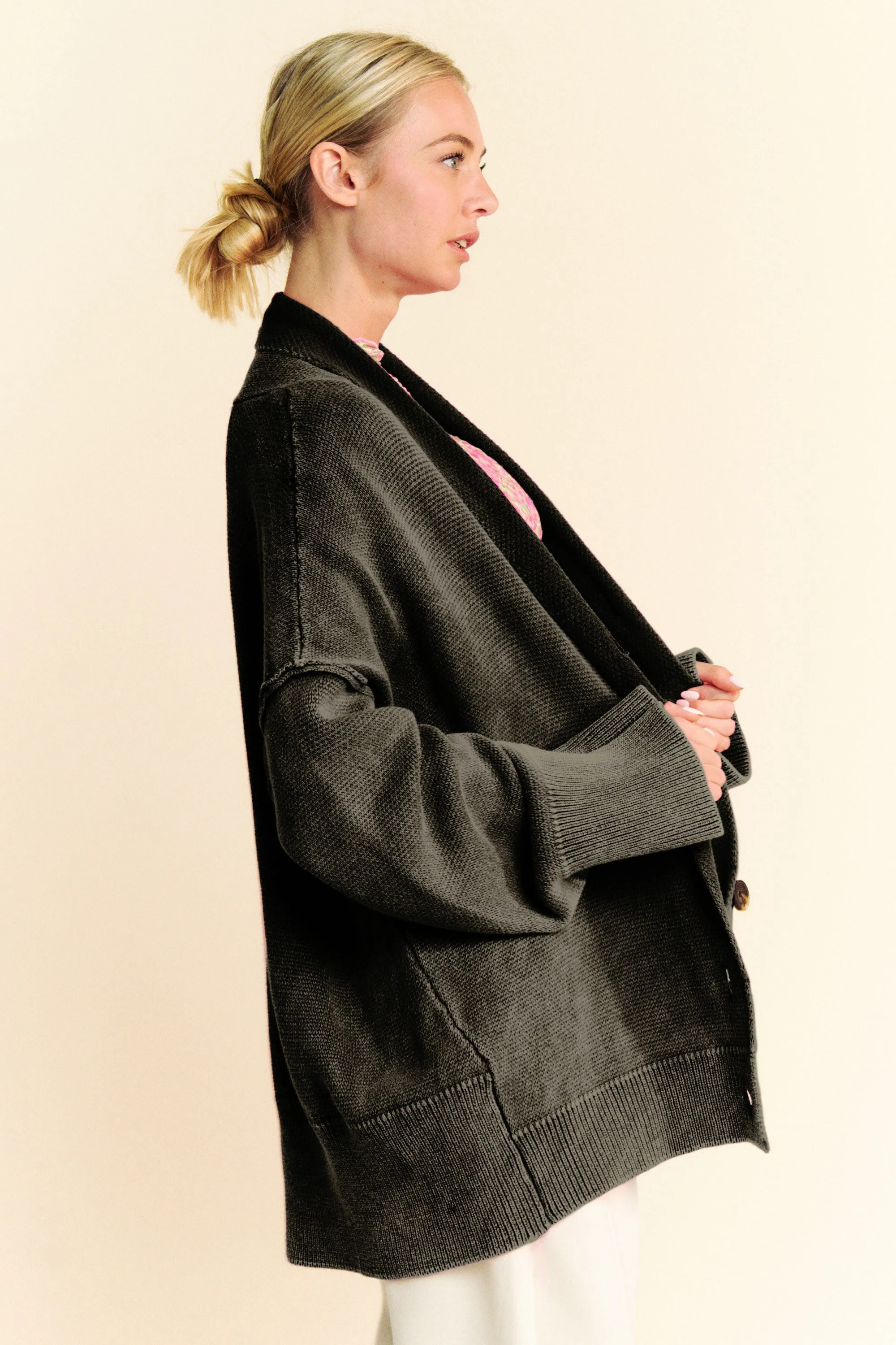 Hazel Blues® |  Davi & Dani Shawl Collar Ribbed Detail Button Up Cardigan
