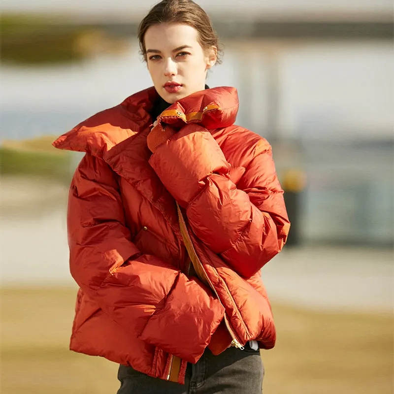 High-Collar Orange Puffer Jacket