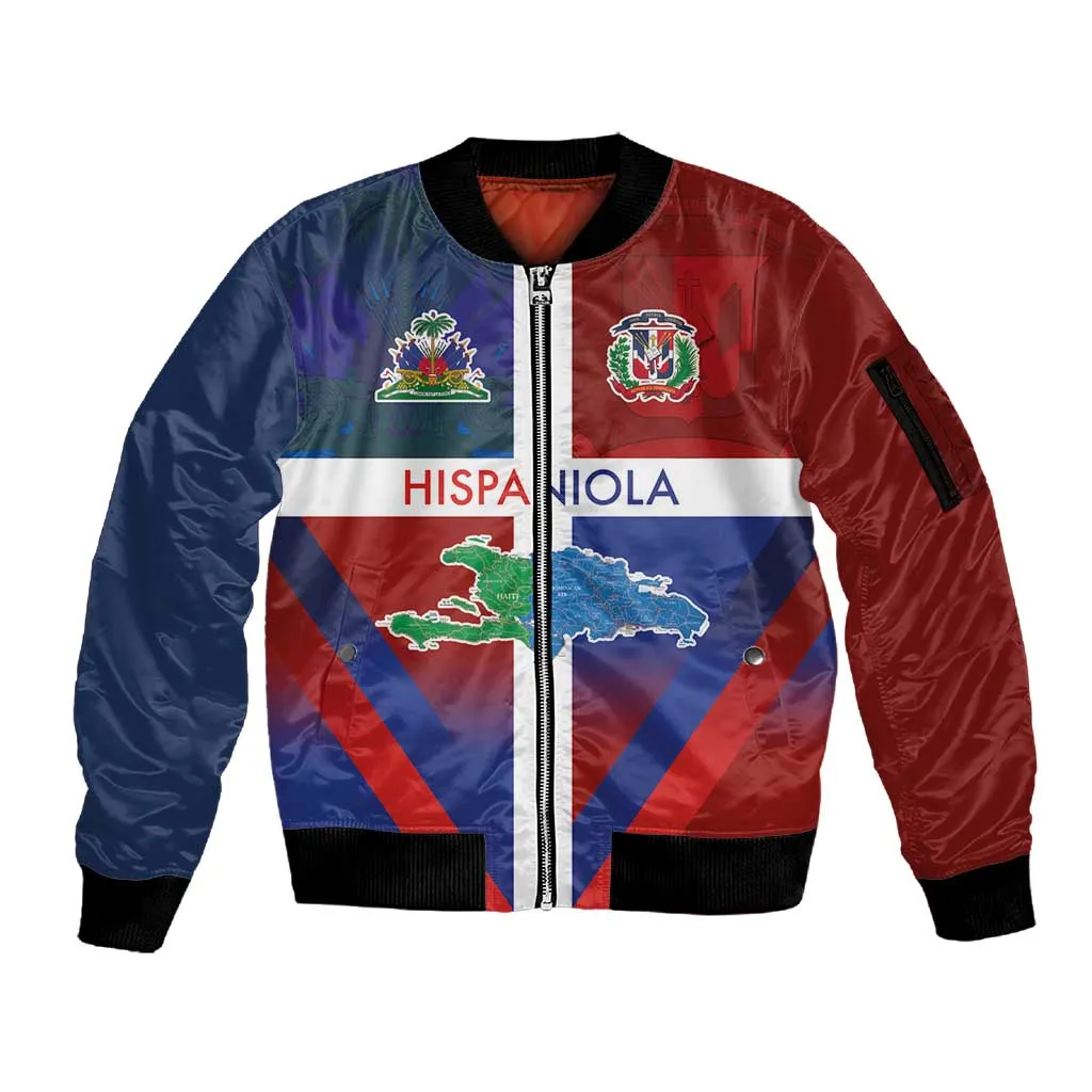 Hispaniola Sleeve Zip Bomber Jacket Haiti and Dominican Republic Emblems and Flag Style LT03