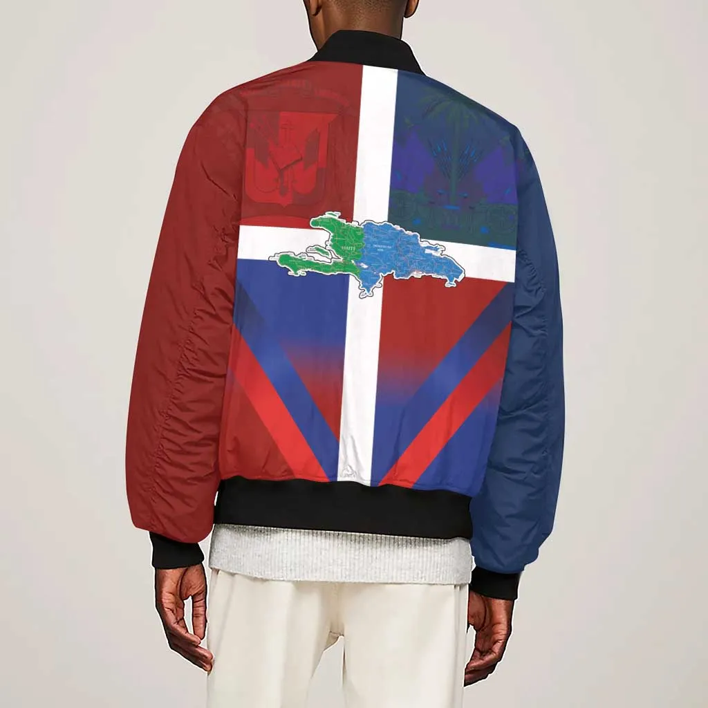 Hispaniola Sleeve Zip Bomber Jacket Haiti and Dominican Republic Emblems and Flag Style LT03