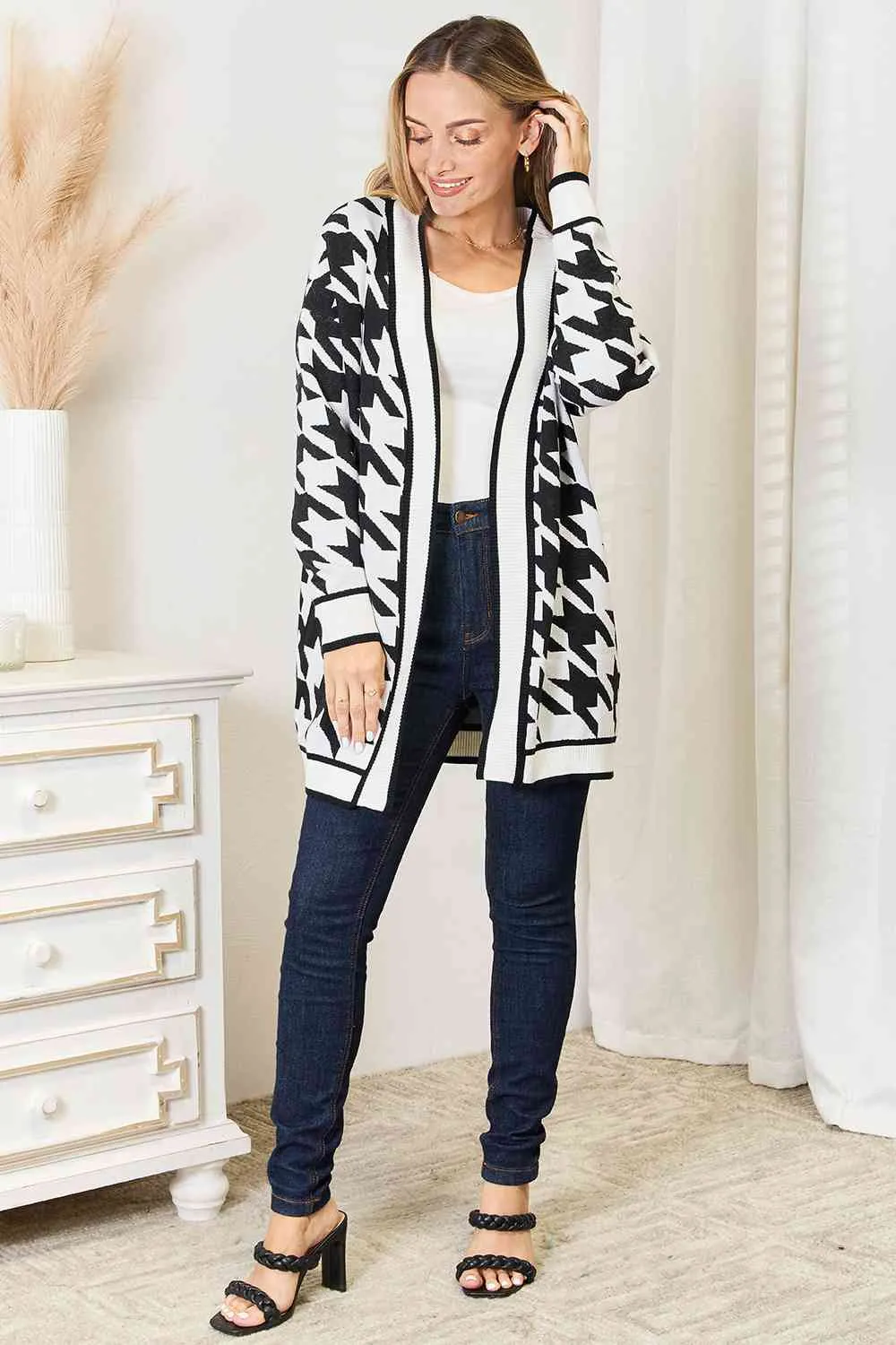 Houndstooth Open Front Cardigan
