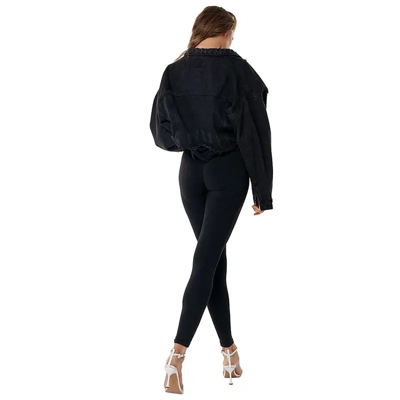 Inferno Cropped Frayed Hem Button-Up Denim Jacket