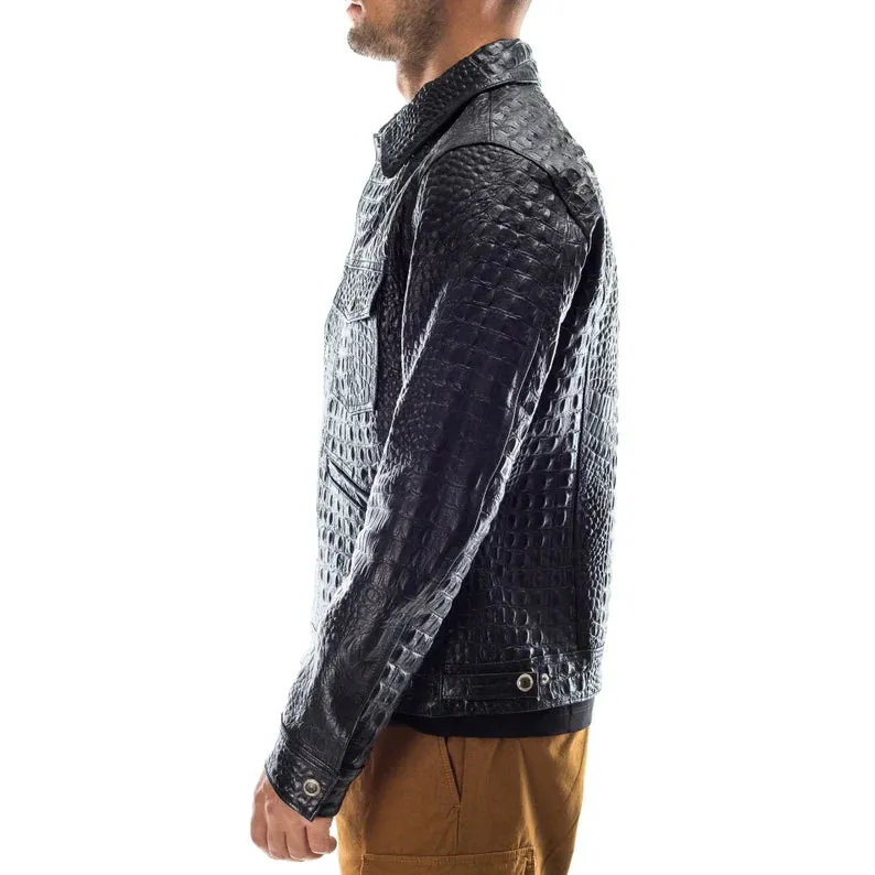 Italian handmade Men Black Italian leather jacket embossed alligator crocodile texture - Leather Jackets
