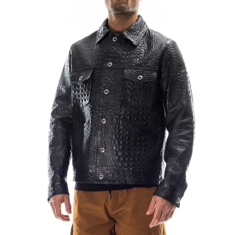 Italian handmade Men Black Italian leather jacket embossed alligator crocodile texture - Leather Jackets