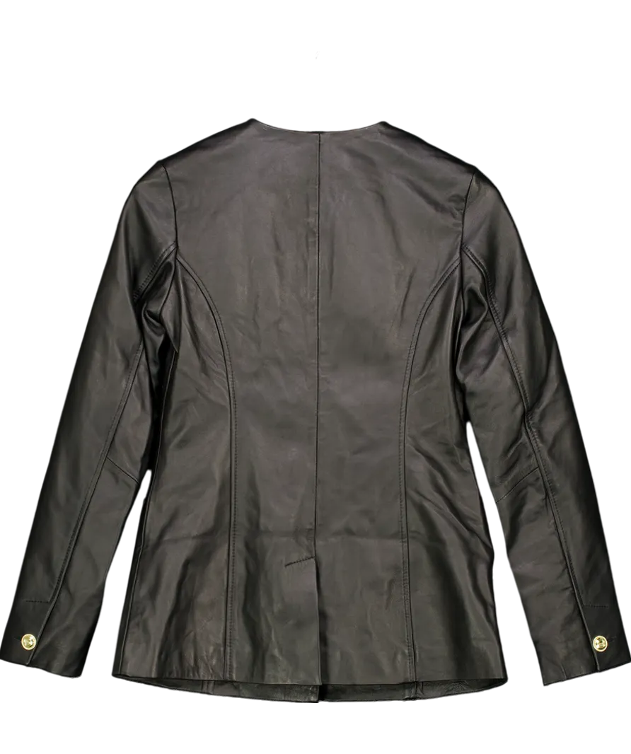 Karen Millen Black Leather Military Button Through Tailored Collarless Jacket UK 6