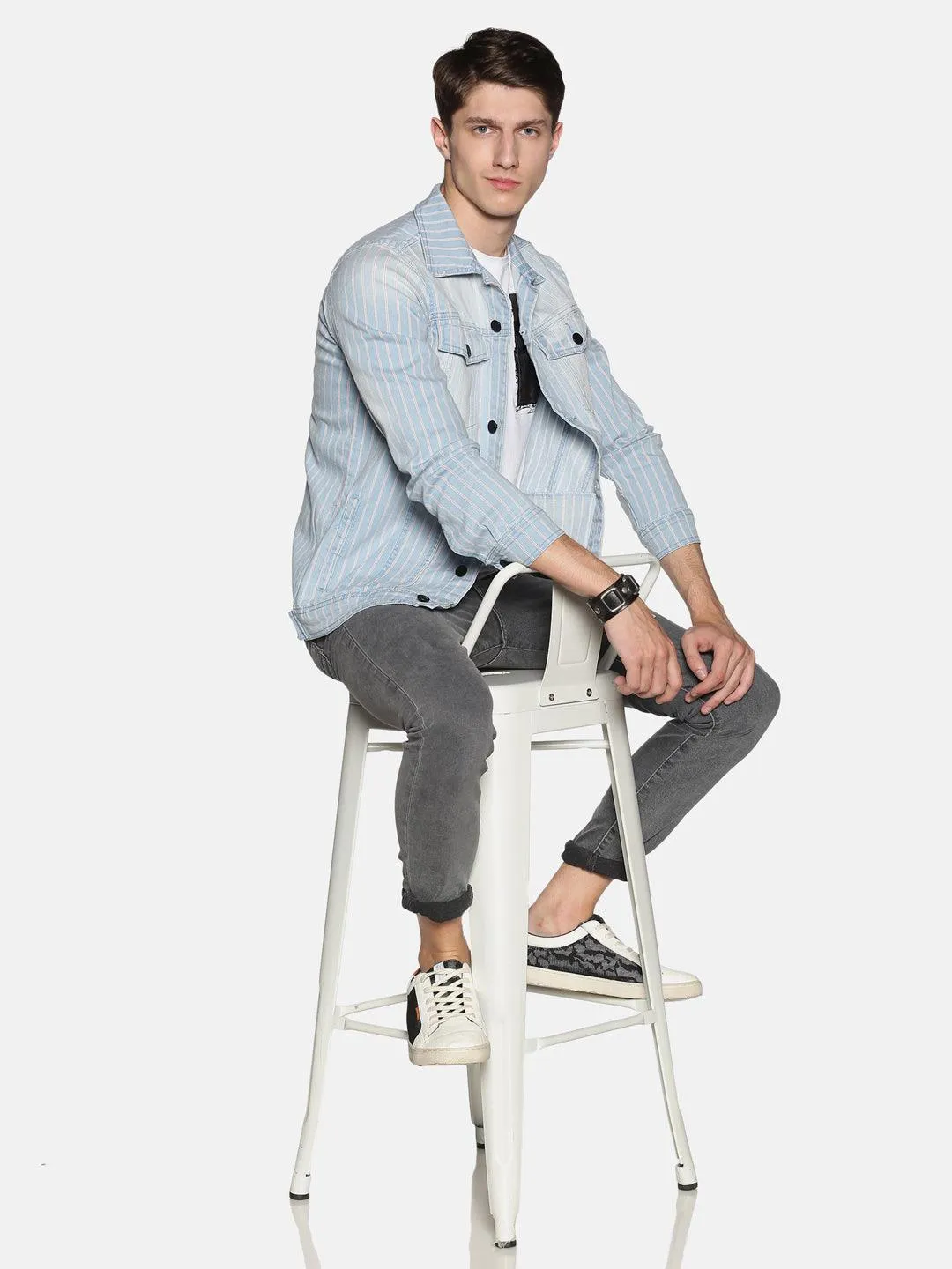Kultprit Men's Full Sleeves Denim Jackets With Striped